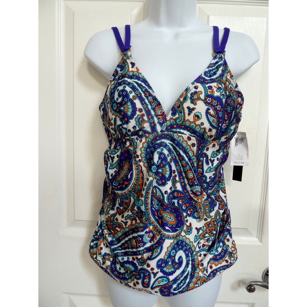 Alex Marie Women Size 10 Tankini Swim Suit Top Paisley Purple Blue NEW